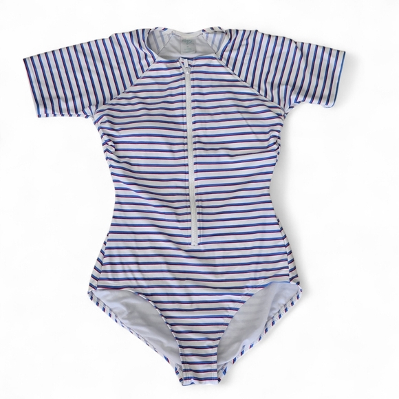 Kona Sol Other - Kona Sol Striped Zip Front Rash Guard Swimsuit One Piece Red White Blue Nautical